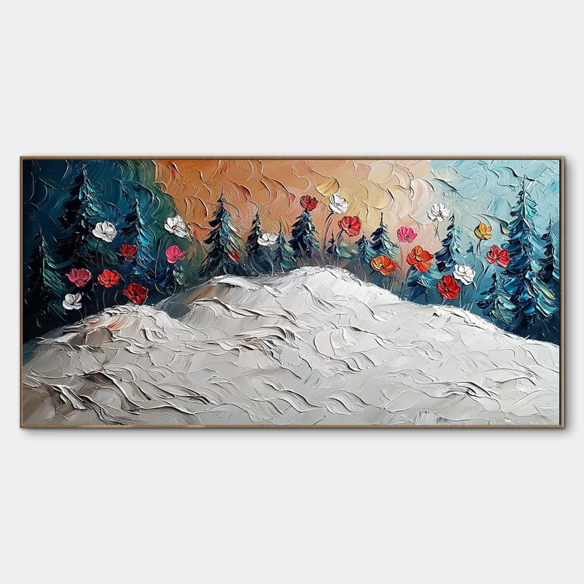 Frozen Bloom: Textured Impasto Landscape Painting with Floral Accents