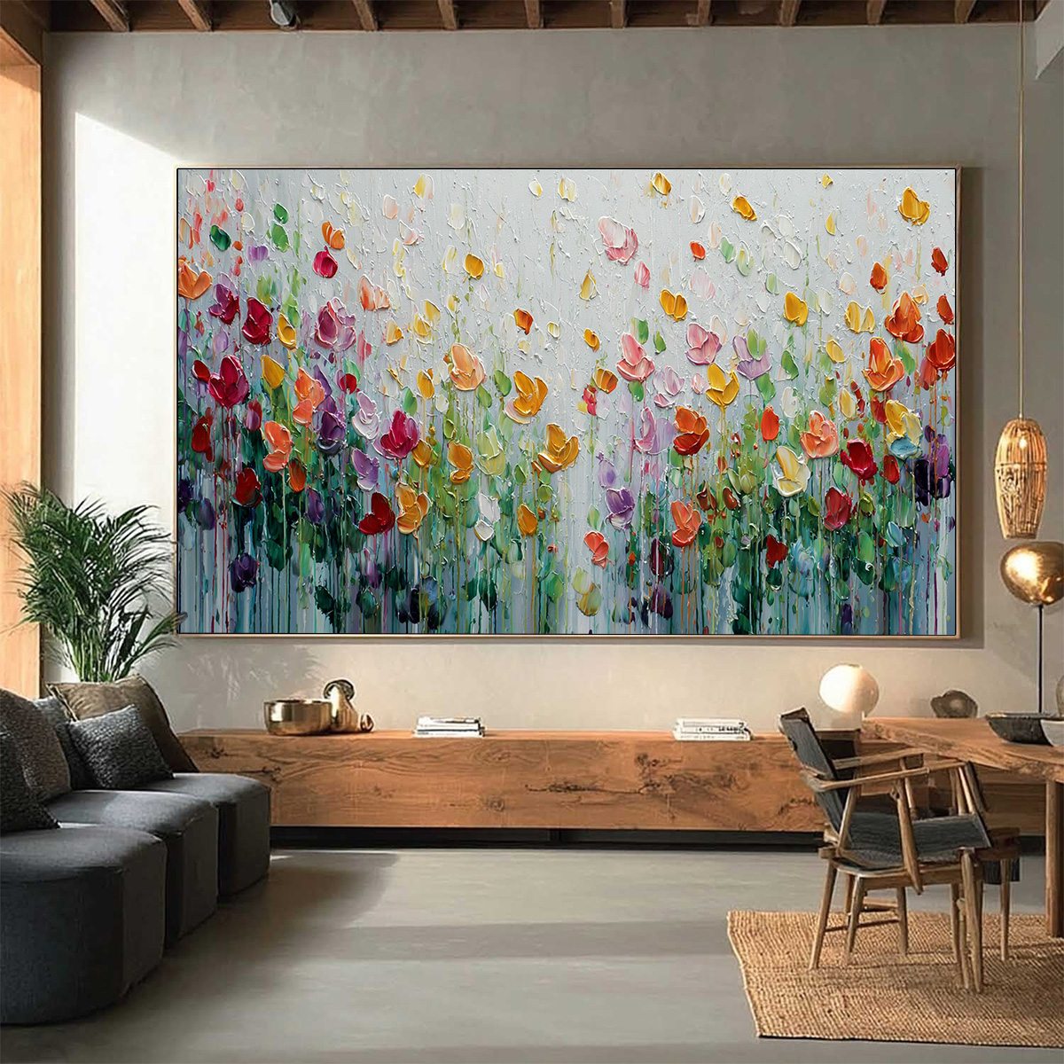 GARDEN OF JOY: Colorful Textured Impasto Flower Field Painting