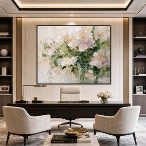 Square floral impasto wall art oil painting in blush pink, lavender and sage green
