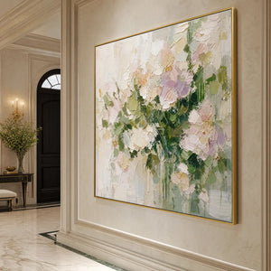 Square floral impasto wall art oil painting with pastel pink, green and cream texture