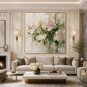 Square floral impasto wall art oil painting in blush, sage and cream