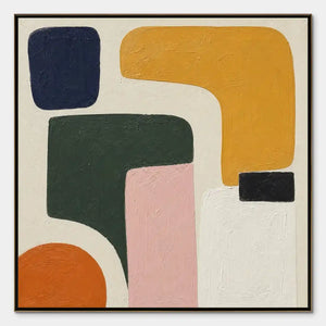 Modern organic shape abstract painting with navy, mustard, green, pink, orange and white blocks