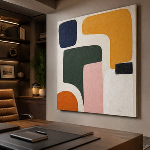 Modern organic shape abstract wall art with bold blue, mustard, green, pink and orange forms in a modern office.
