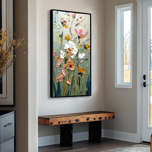 GARDEN WHISPERS: Vertical Palette Knife Floral Impasto Wall Art