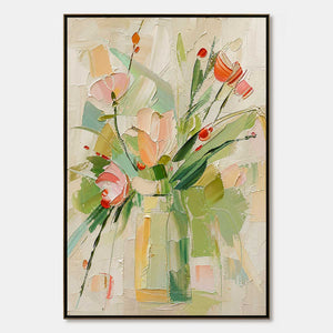 Textured impasto floral still life oil painting with pastel green, pink, peach, and red flowers