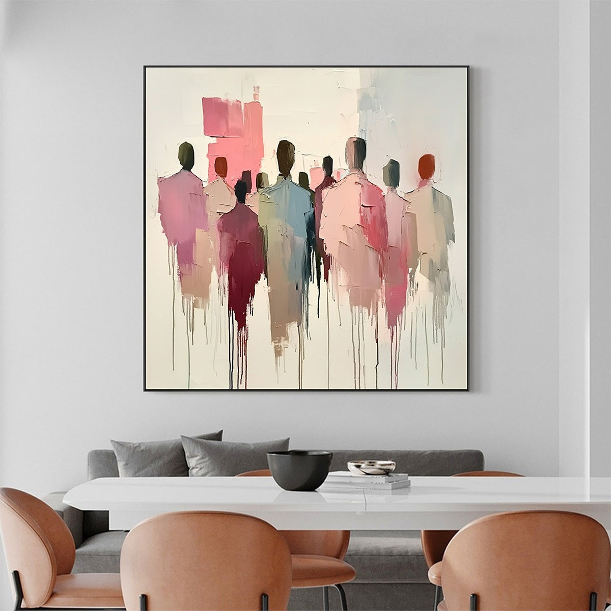 Gathering: Original Abstract Figurative Palette Knife Oil Painting - Square Colorful Textured Wall Art