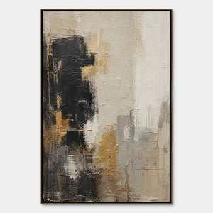 Black white gold abstract painting with textured modern wall art in vertical frame