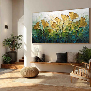 GILDED GINKGO: Textured Golden Floral Impasto Oil Painting