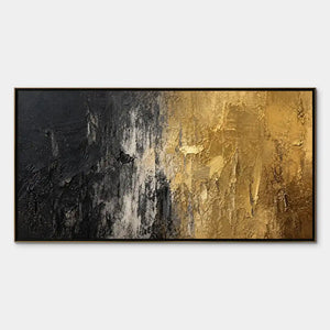 Black and gold textured abstract wall art with layered impasto finish, framed