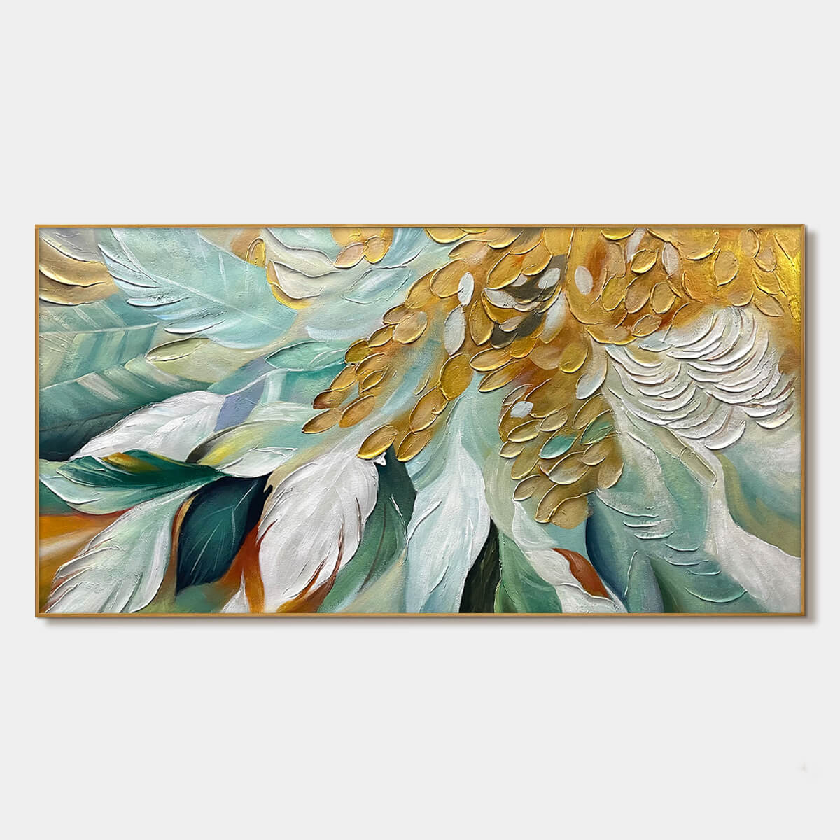 Gilded Garden: Green and Gold Floral Textured Impasto Oil Painting Canvas Wall Art Decor