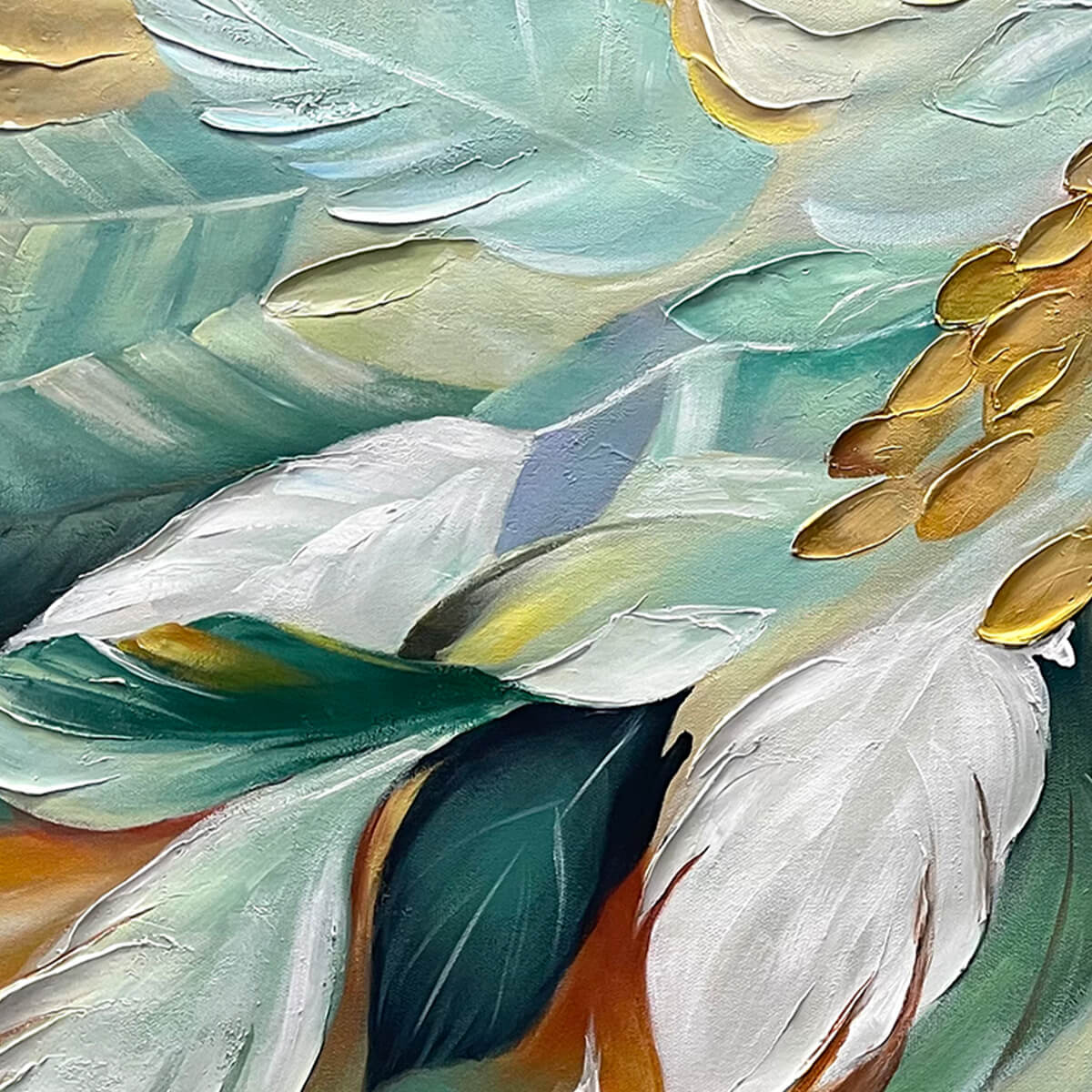 GILDED GARDEN: Green and Gold Floral Textured Impasto Oil Painting