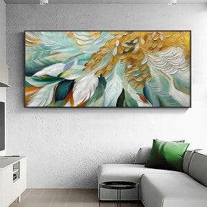 Gilded Garden: Green and Gold Floral Textured Impasto Oil Painting Canvas Wall Art Decor
