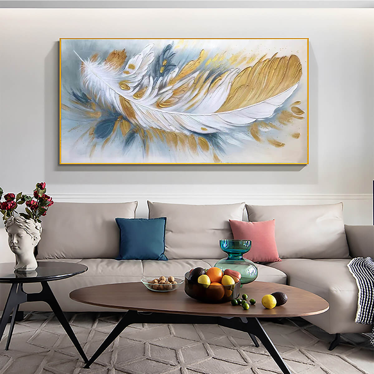 Gilded Plume: Textured Feather Oil Painting Canvas Wall Art Home Decor