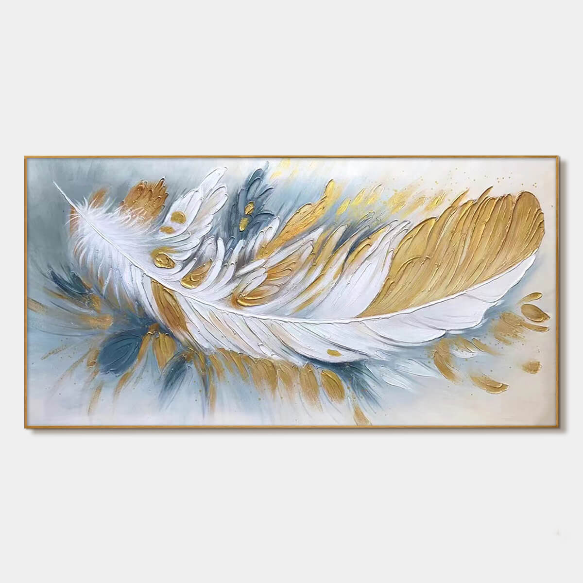 Gilded Plume: Textured Feather Oil Painting Canvas Wall Art Home Decor
