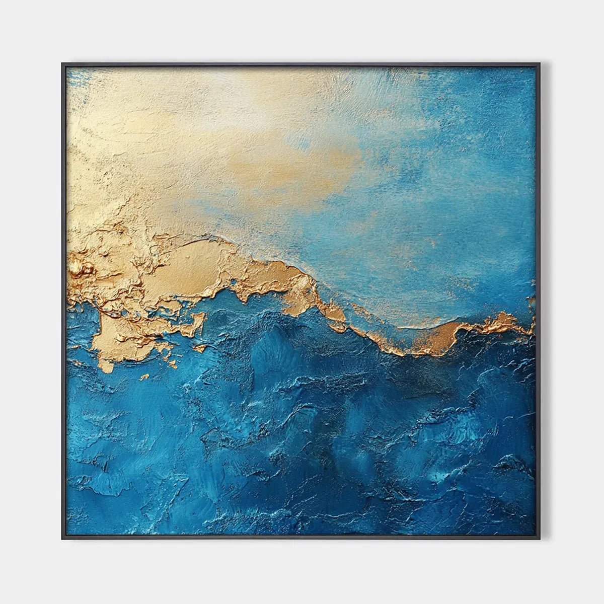 Square Abstract Oil Painting with Gold Leaf and Blue