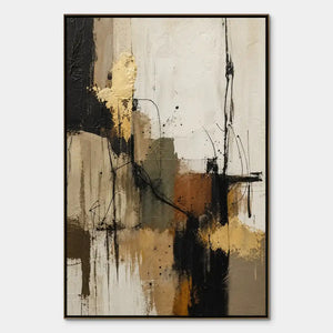 Black gold linear abstract painting with beige, white, and textured impasto layers