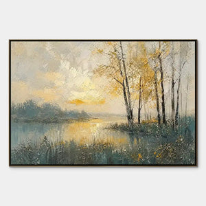 Golden Birch Lake abstract landscape oil painting with birch trees and golden lake reflections