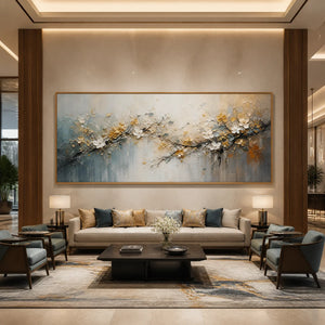 Large floral landscape oil painting with dimensional texture, showcased in a modern luxury living room.