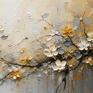 GOLDEN BRANCH: Soft Gold Floral Branch Art