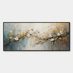 Panoramic abstract floral branch wall art with soft gold accents and textured neutral background