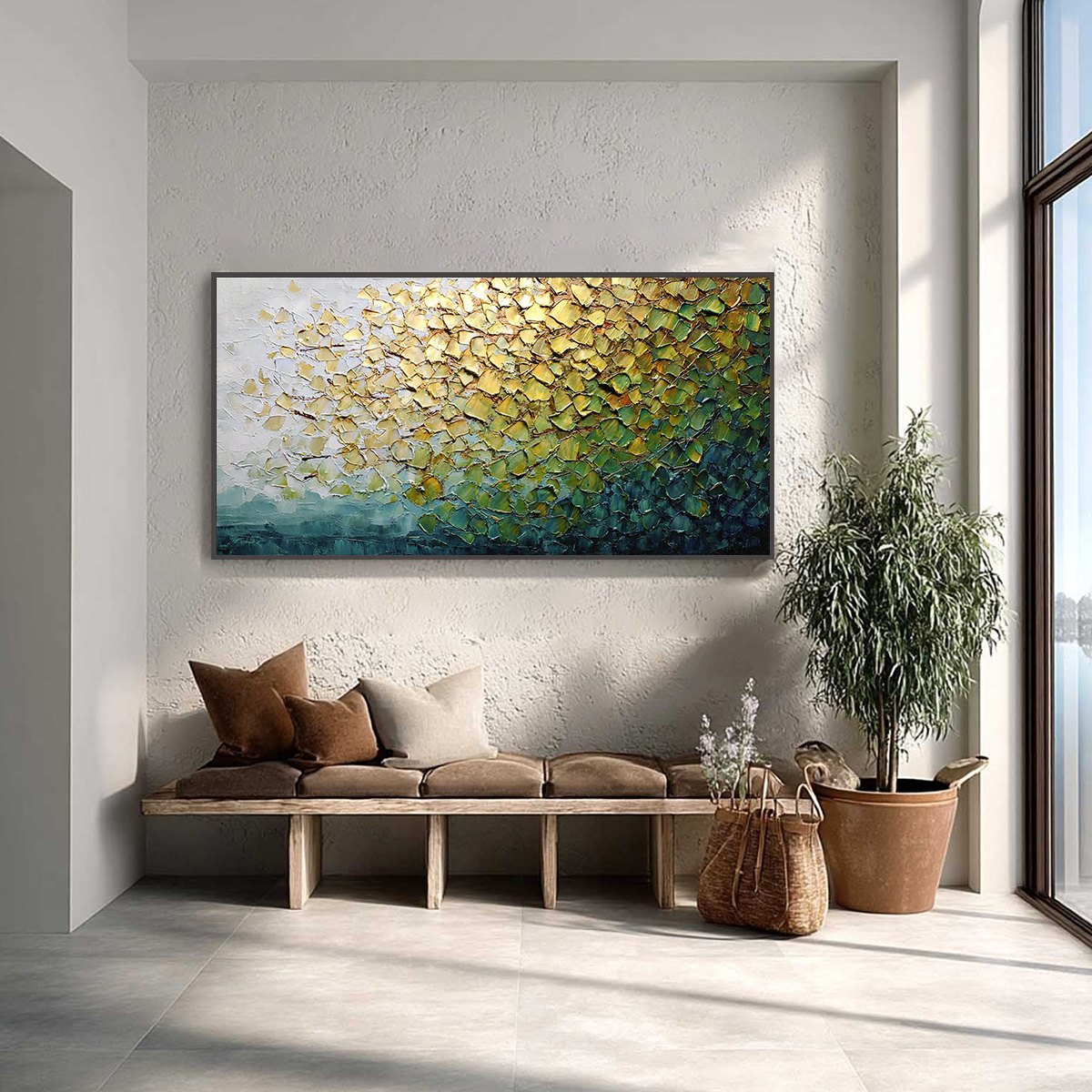 GOLDEN CANOPY: Heavily Textured Gold & Green Abstract Impasto Painting