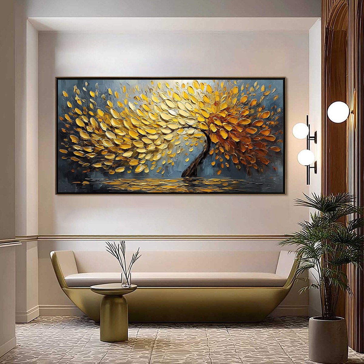 GOLDEN CASCADE: Textured Palette Knife Impasto Tree Painting