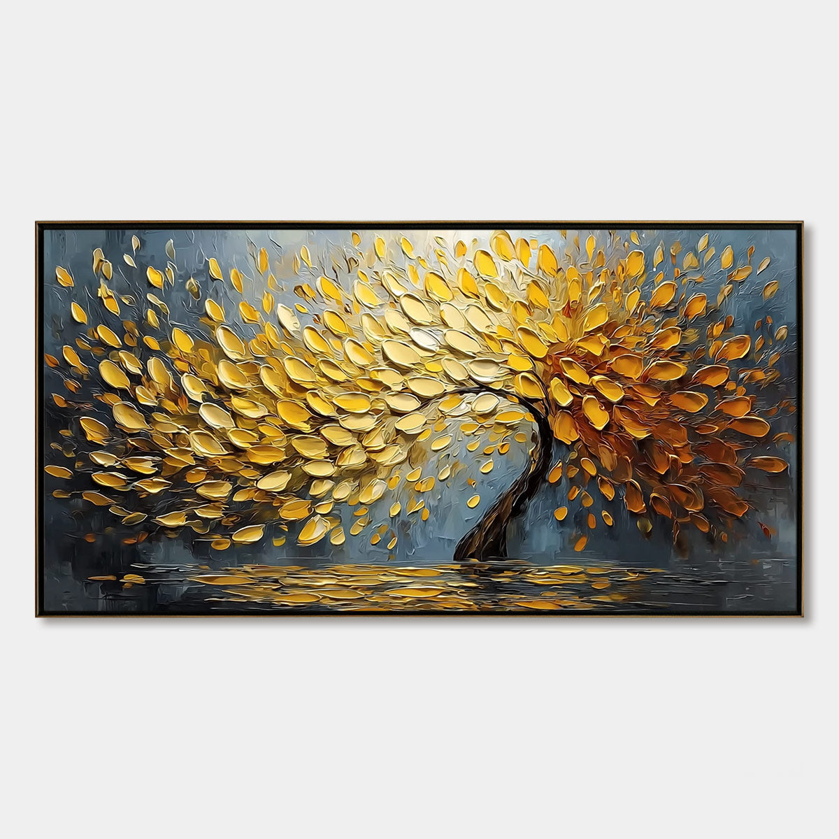Golden Cascade Textured Impasto Tree Oil Painting for Wall Art