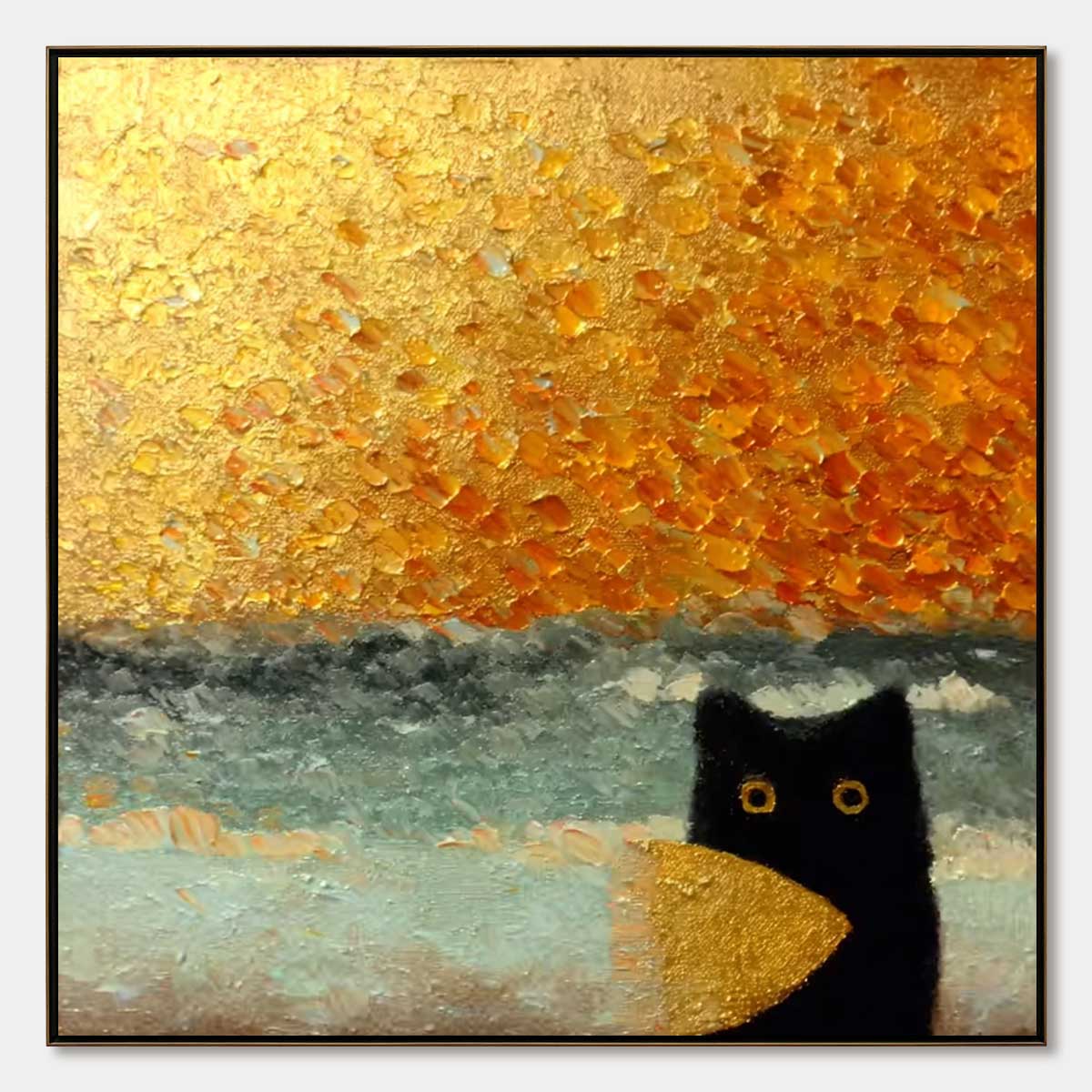 GOLDEN CATCH: Textured Gold Leaf Abstract Cat Painting