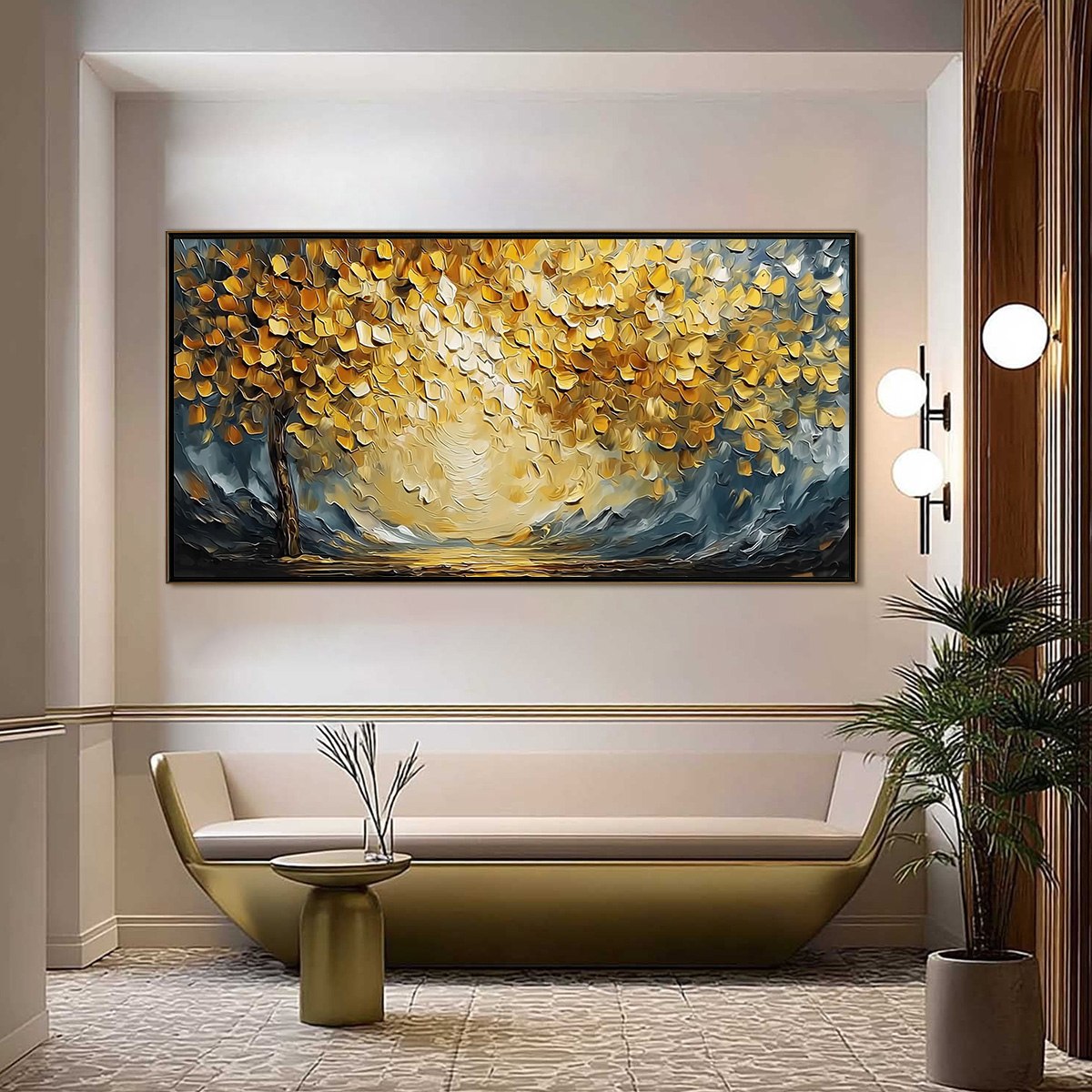 GOLDEN EMBRACE: Textured Golden Leaf Tree Impasto Landscape Painting