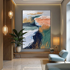 Original textured abstract wall art 'Golden Estuary' river landscape with gold reeds.