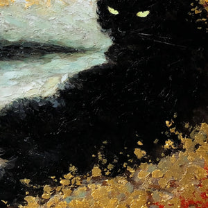 GOLDEN GAZE: Textured Impasto Black Cat Painting with Gold Leaf