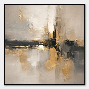 Abstract landscape oil painting with beige, black and gold textured blocks in black frame