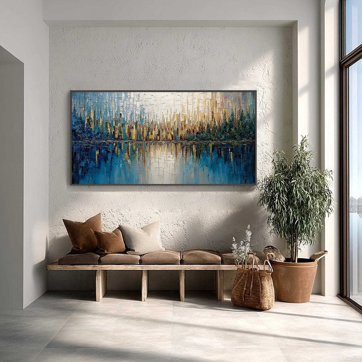 GOLDEN HORIZON: Textured Abstract Cityscape Reflection Oil Painting