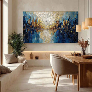 GOLDEN HORIZON: Textured Impasto Cityscape Reflection Oil Painting
