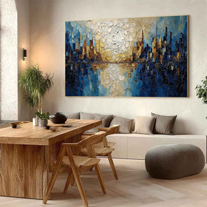 GOLDEN HORIZON: Textured Impasto Cityscape Reflection Oil Painting