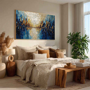 GOLDEN HORIZON: Textured Impasto Cityscape Reflection Oil Painting