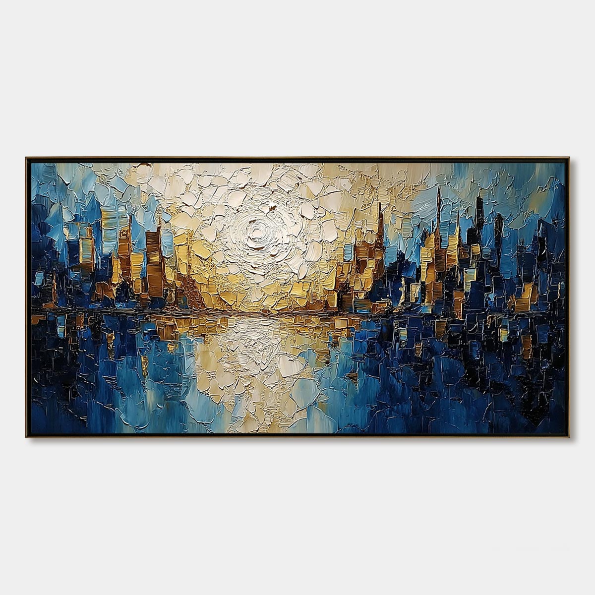 GOLDEN HORIZON: Textured Impasto Cityscape Reflection Oil Painting