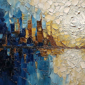 GOLDEN HORIZON: Textured Impasto Cityscape Reflection Oil Painting