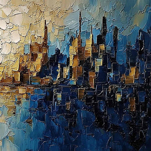 GOLDEN HORIZON: Textured Impasto Cityscape Reflection Oil Painting