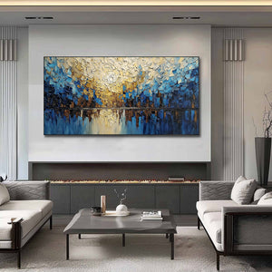 GOLDEN HORIZON: Textured Impasto Cityscape Reflection Painting