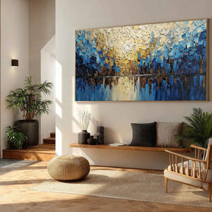 GOLDEN HORIZON: Textured Impasto Cityscape Reflection Painting