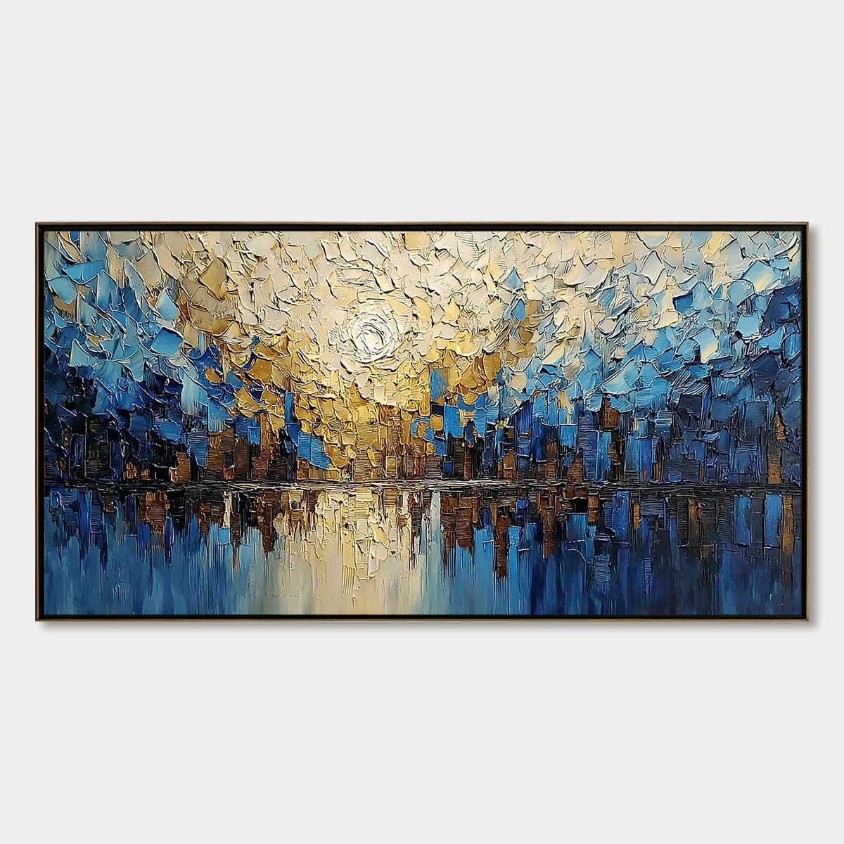 GOLDEN HORIZON: Textured Impasto Cityscape Reflection Painting