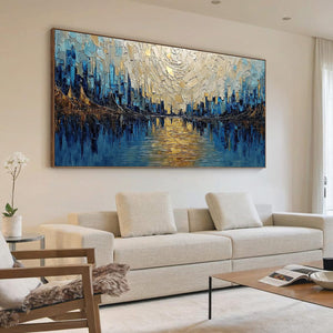 GOLDEN HORIZON: Textured Palette Knife Cityscape Reflection Painting