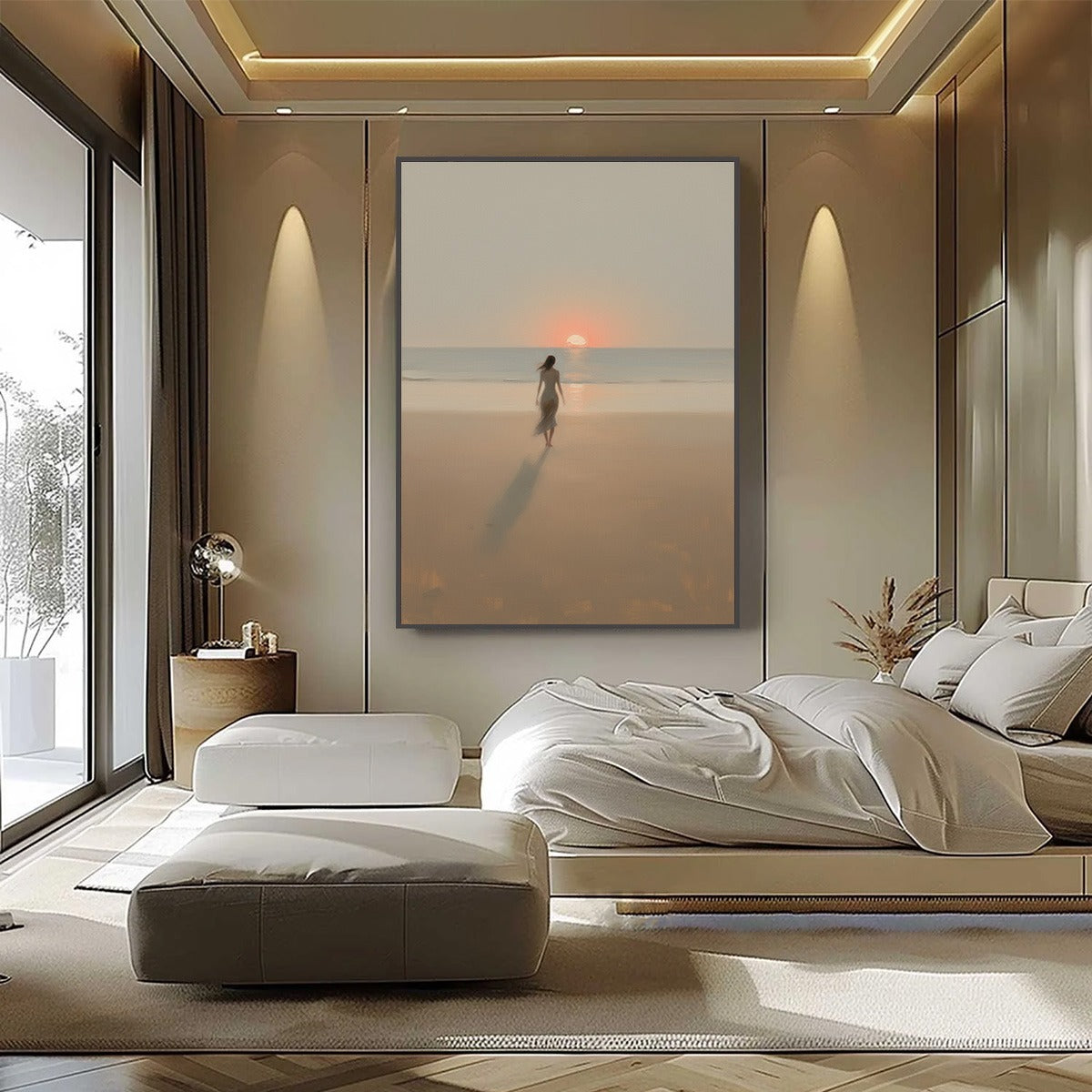 GOLDEN HOUR SOLACE: Minimalist Wabi Sabi Beach Scene Oil Painting