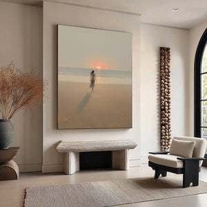 GOLDEN HOUR SOLACE: Minimalist Wabi Sabi Beach Scene Oil Painting