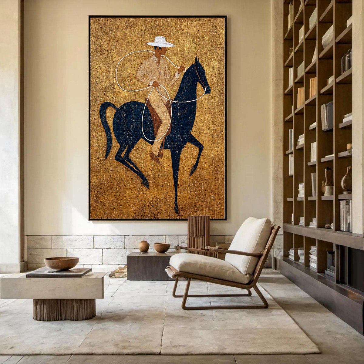 GOLDEN LASSO: Textured Wabi Sabi Painting of a Horseman