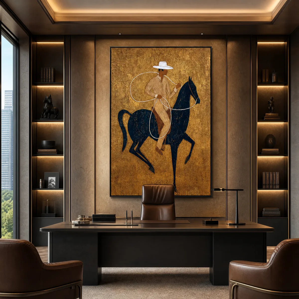 GOLDEN LASSO: Textured Wabi Sabi Painting of a Horseman