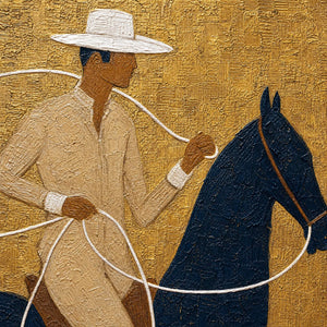 Textured Wabi Sabi oil painting of a horseman on a navy horse with a white lasso