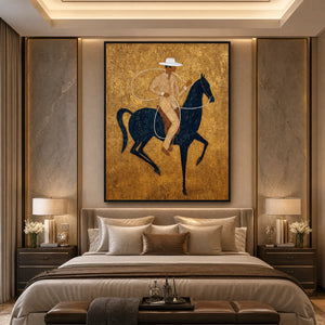 Textured Wabi Sabi horseman painting with navy horse and golden background