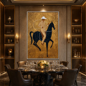 Wabi sabi horseman wall art with textured gold background and dark horse